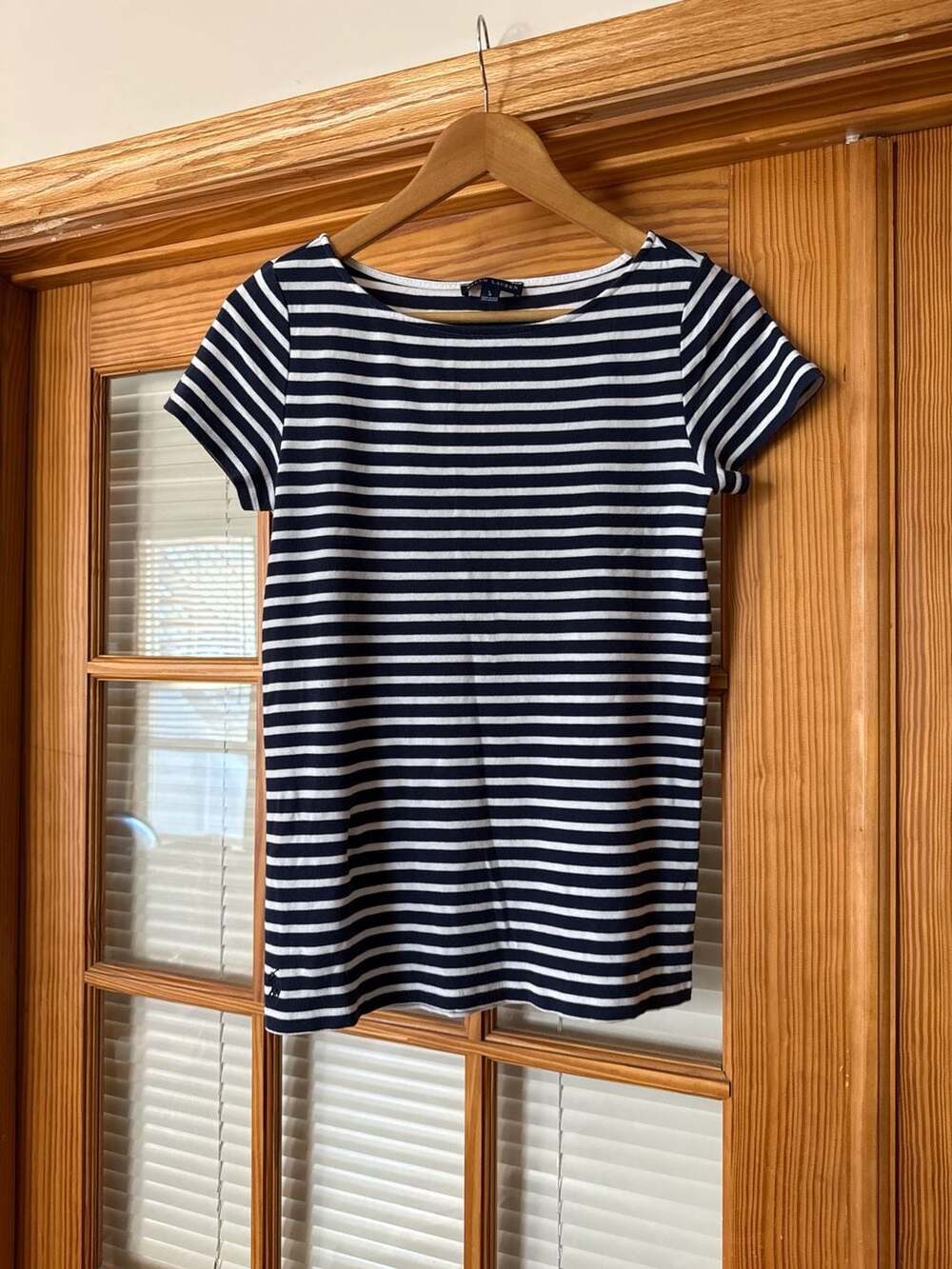 Ralph Lauren Women's Navy and White Striped Cotton-Lyocell Tee Size Large
